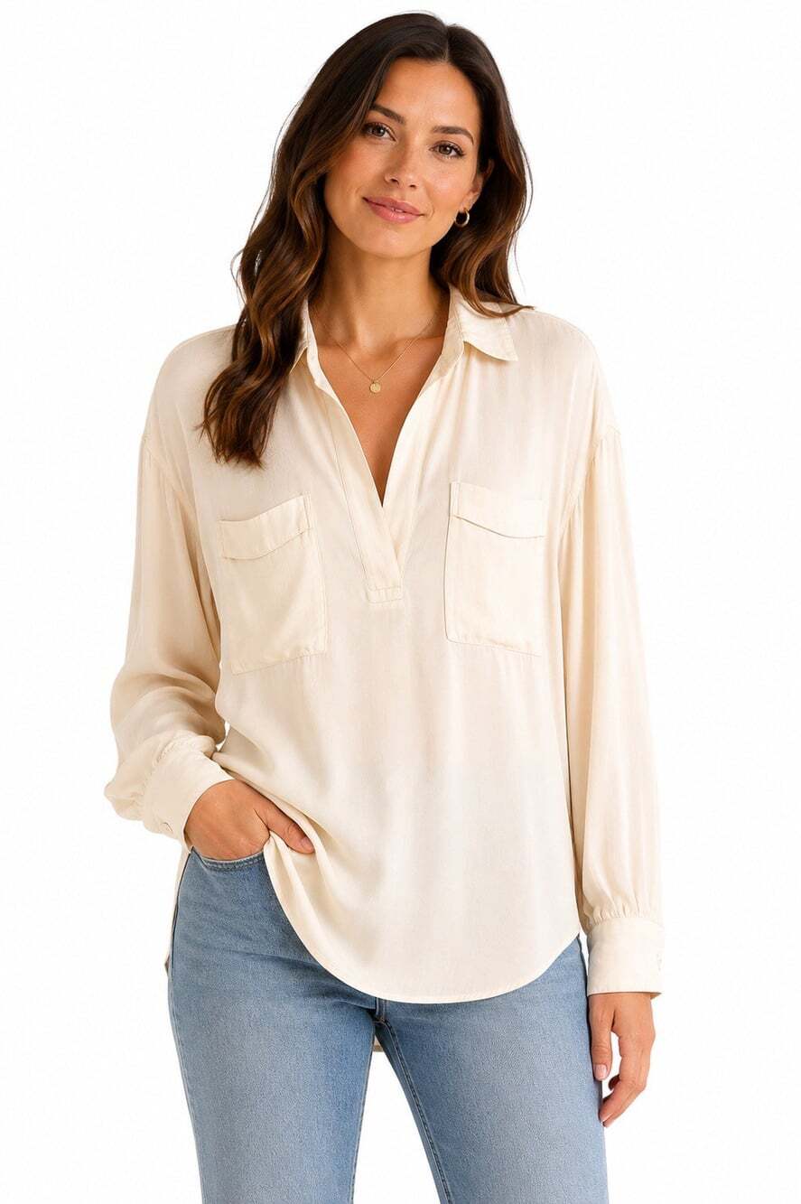 Free People Women’s Small Ivory Oversized Satin Utility Blouse Pocket Top